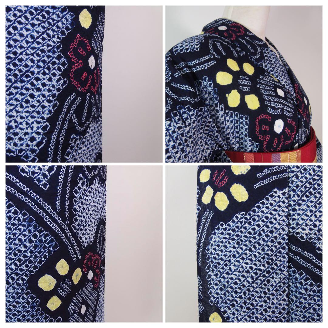 美品　有松絞り浴衣　花文様　蜘蛛絞り　藍染　夏にぴったりの涼やか浴衣　SS寸