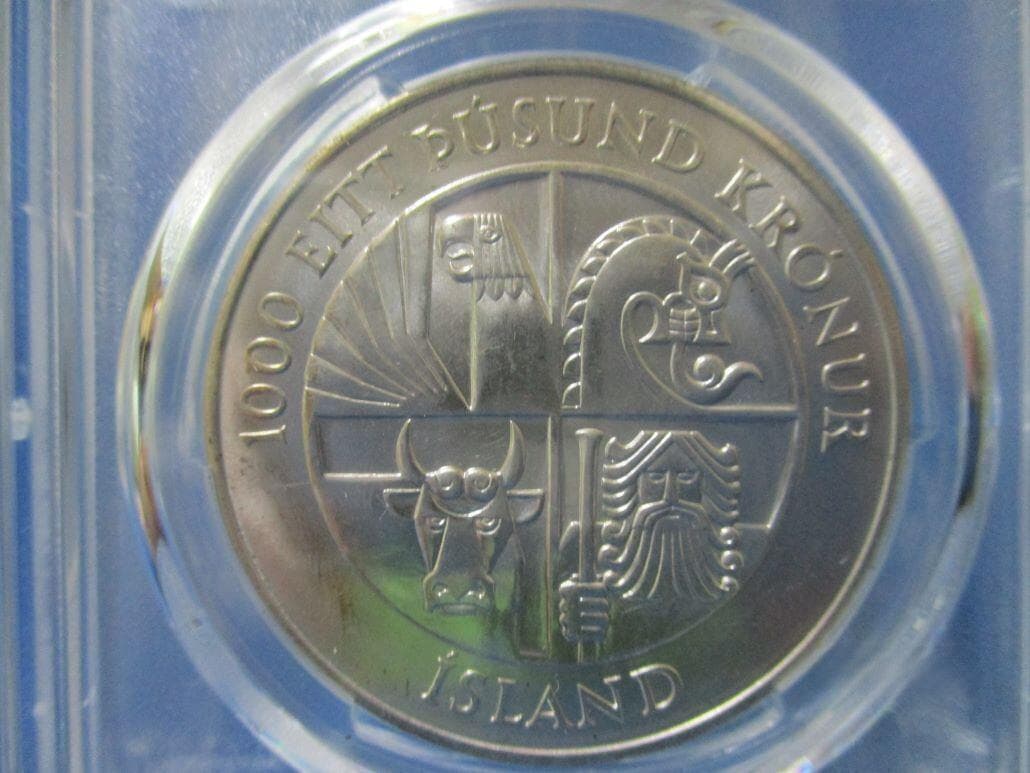 アイスランド 1000クローネ銀貨☆1974年/未使用/4つの精霊/バイキング