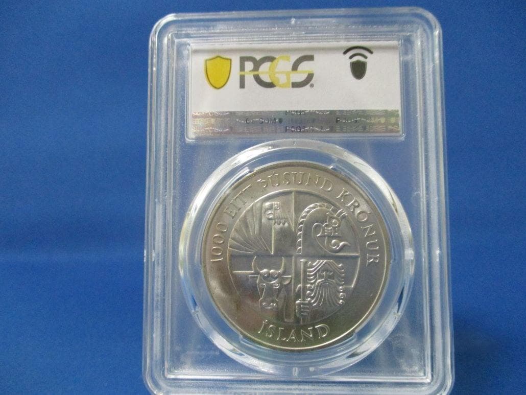 アイスランド 1000クローネ銀貨☆1974年/未使用/4つの精霊/バイキング