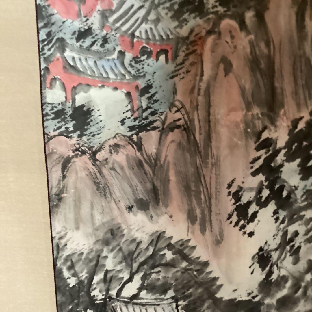 橋本関雪　紙本着色画賛　【楼閣山水図】肉筆　【関雪　自題箱　軸先良好】354