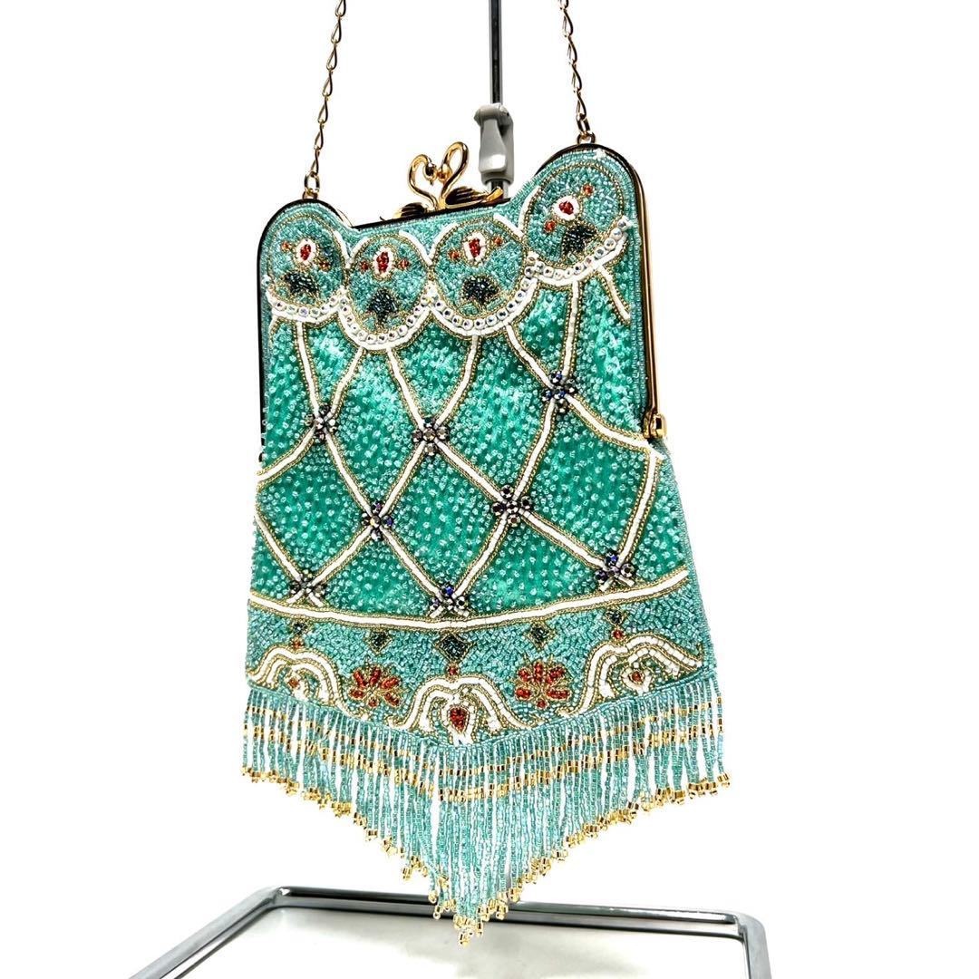 【美品】ビーズ装飾・フリンジ/がま口/ラインストーン/ ビーズバッグ