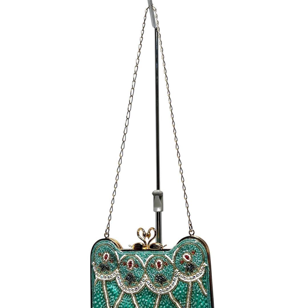 【美品】ビーズ装飾・フリンジ/がま口/ラインストーン/ ビーズバッグ