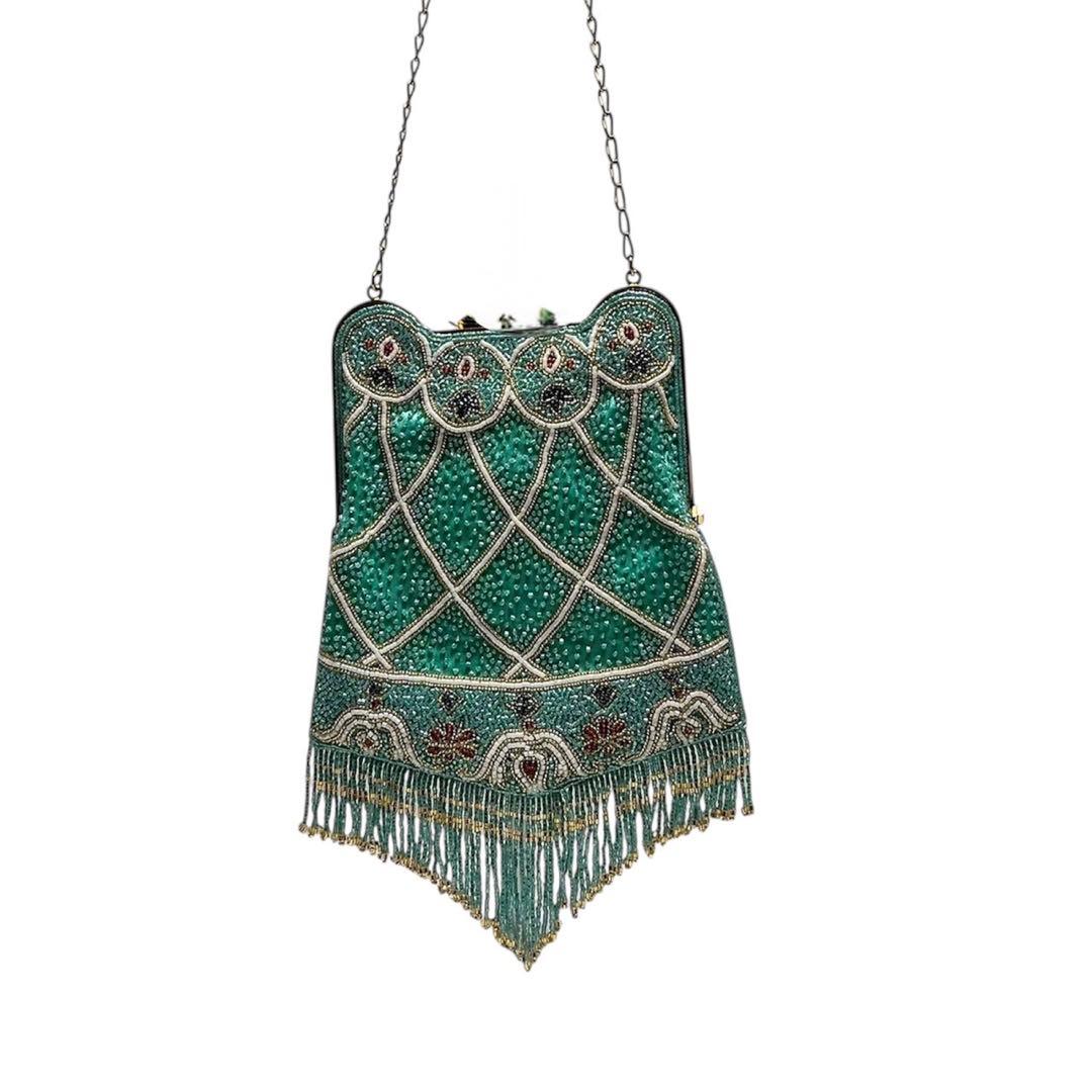 【美品】ビーズ装飾・フリンジ/がま口/ラインストーン/ ビーズバッグ