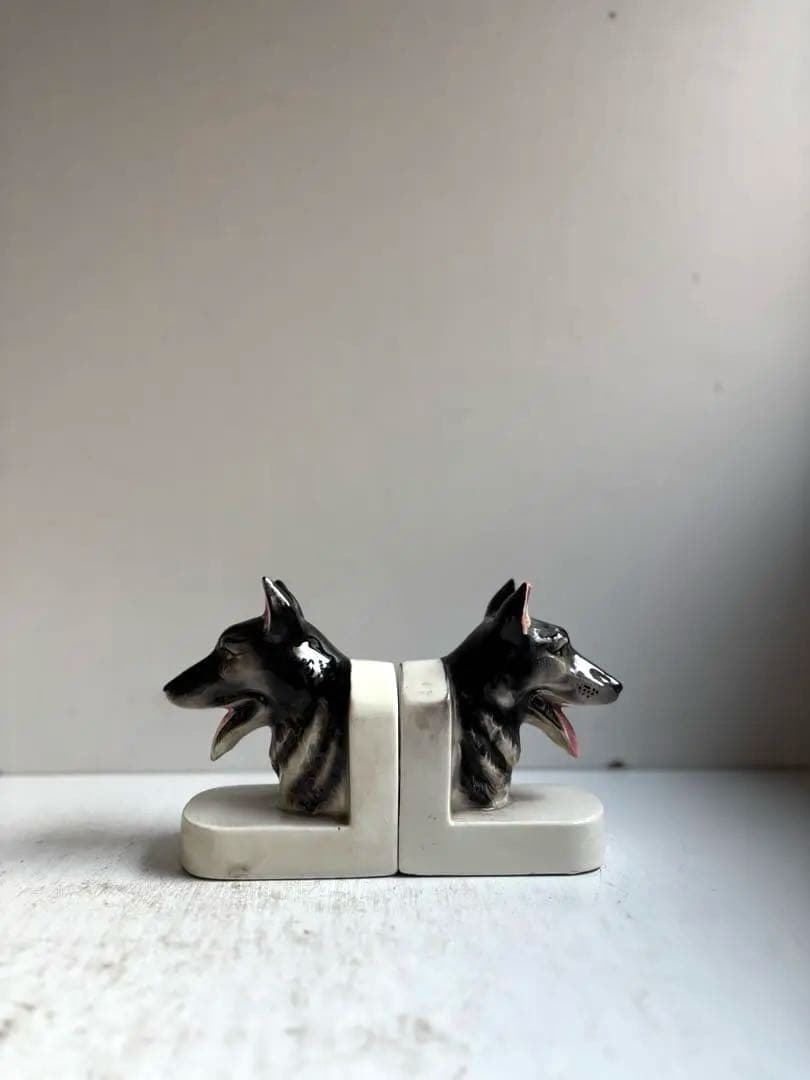 773 アンティーク 犬のブックエンド陶器製 シェパード記念品 希少