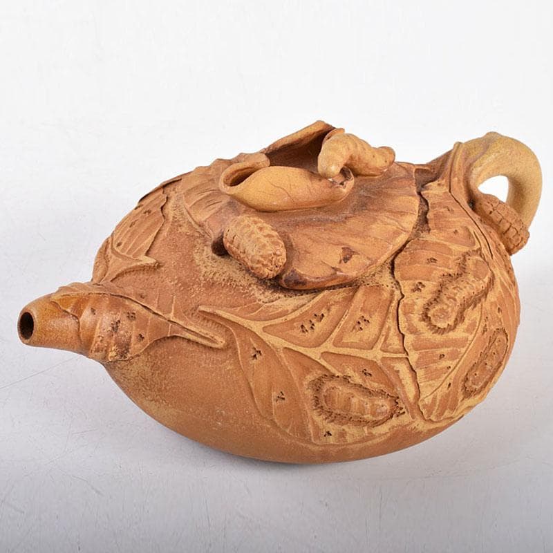 中国　紫砂　黄泥　陳鳴遠製　桑の葉に蚕　急須　茶壷　D　R5364E