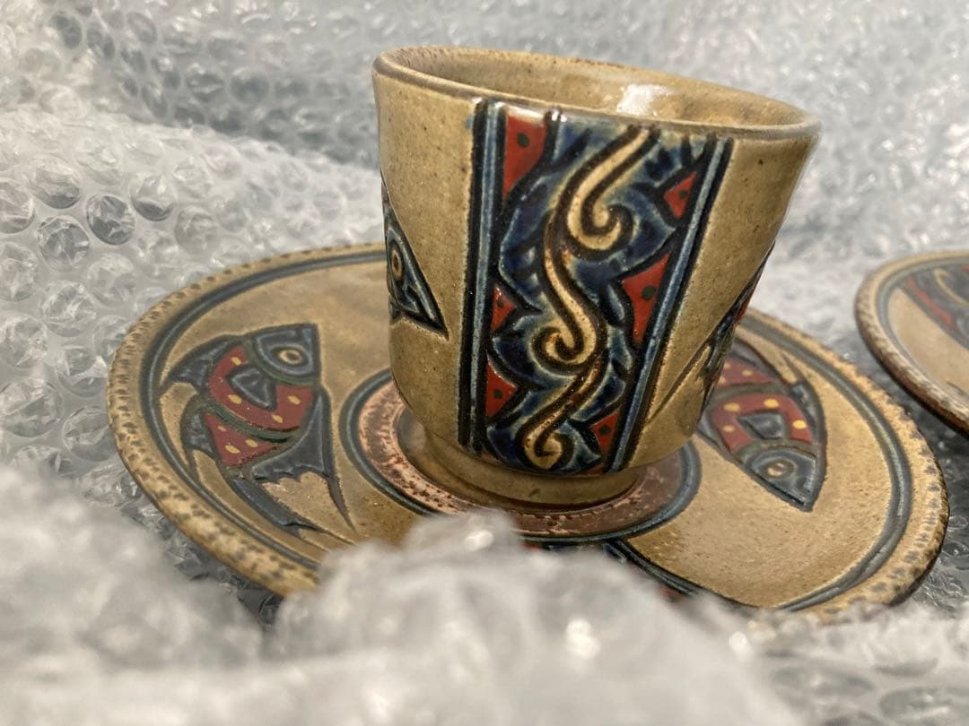 やちむん　希少　魚紋清次カップ&ソーサー