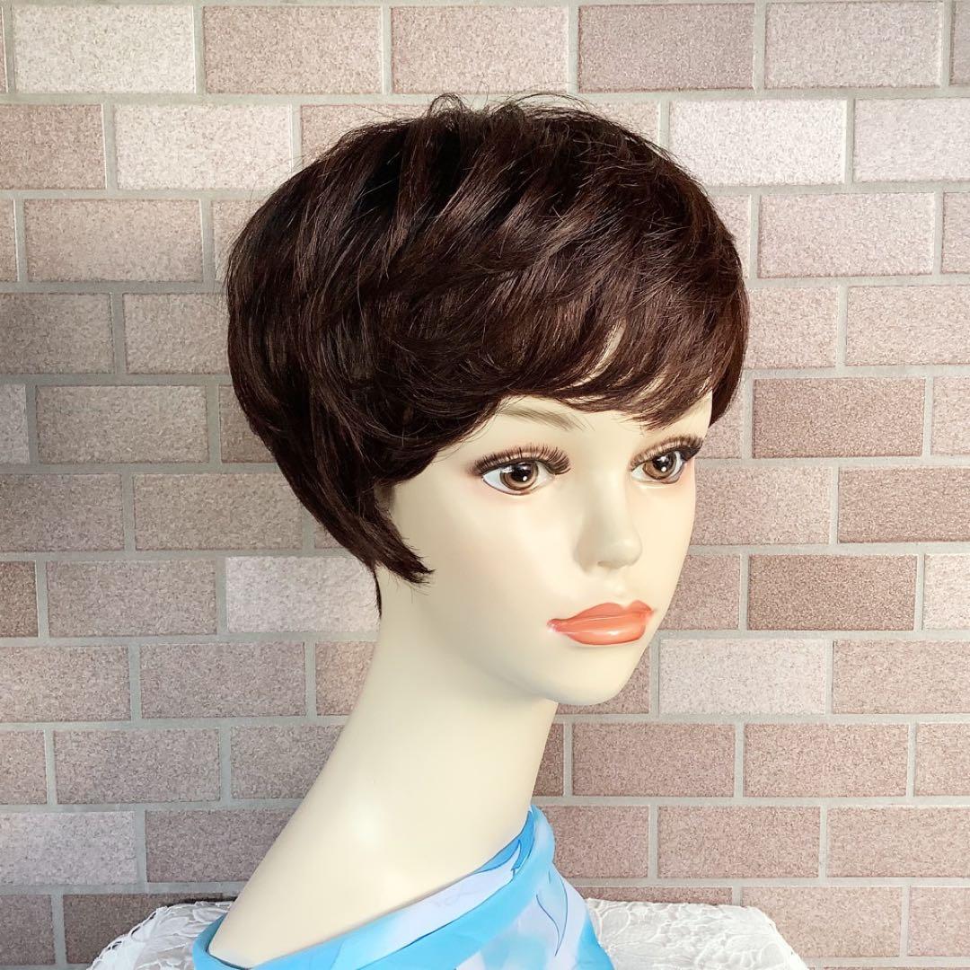 人毛100% 手植えフルウィッグ 医療ウィッグ ショートカール ダークブラウン