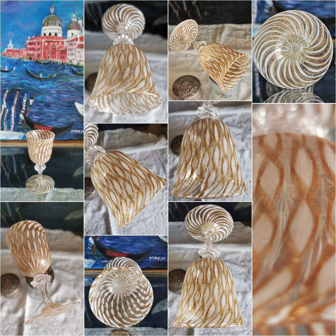 アンティーク ヴェネチアンガラス ムラーノリキュールグラス ホワイトレース 金彩