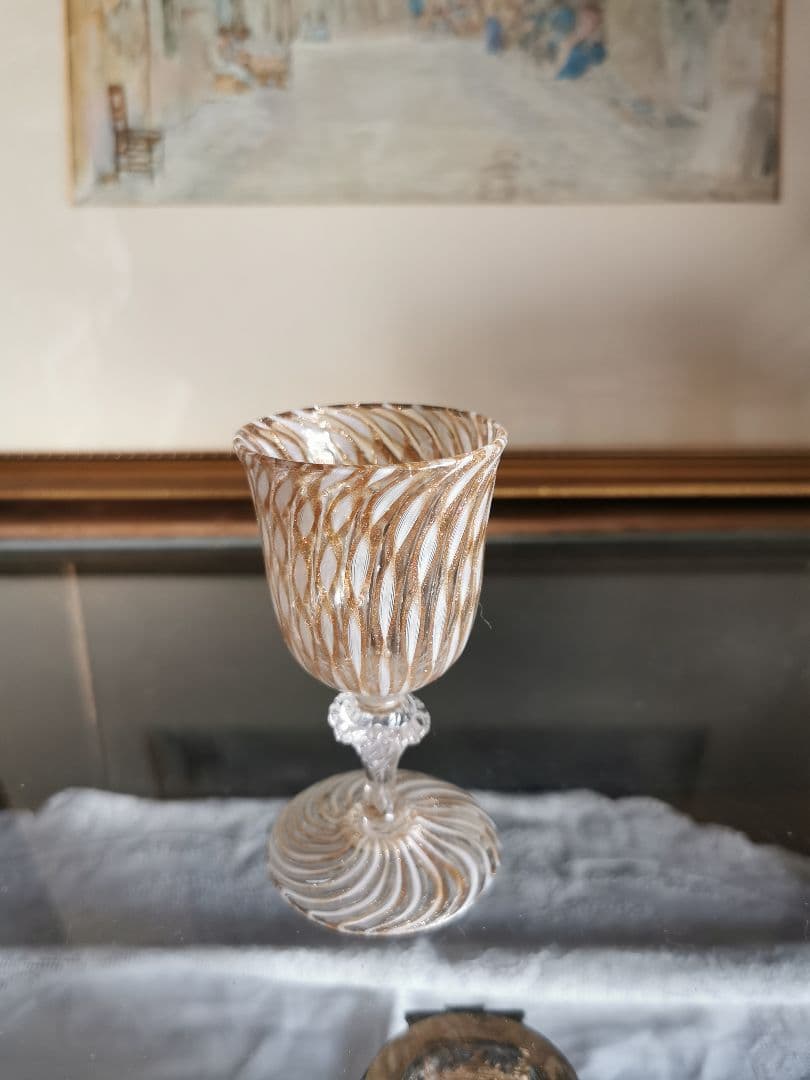 アンティーク ヴェネチアンガラス ムラーノリキュールグラス ホワイトレース 金彩