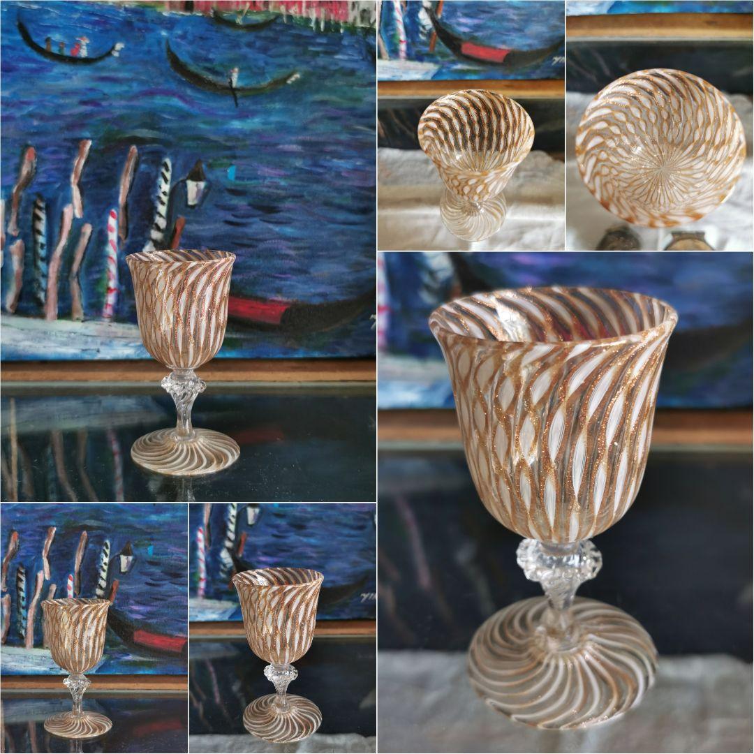 アンティーク ヴェネチアンガラス ムラーノリキュールグラス ホワイトレース 金彩