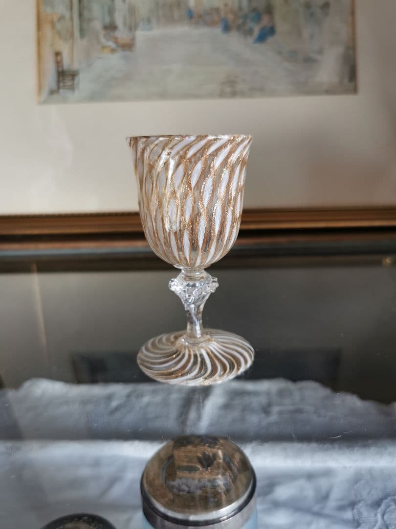 アンティーク ヴェネチアンガラス ムラーノリキュールグラス ホワイトレース 金彩