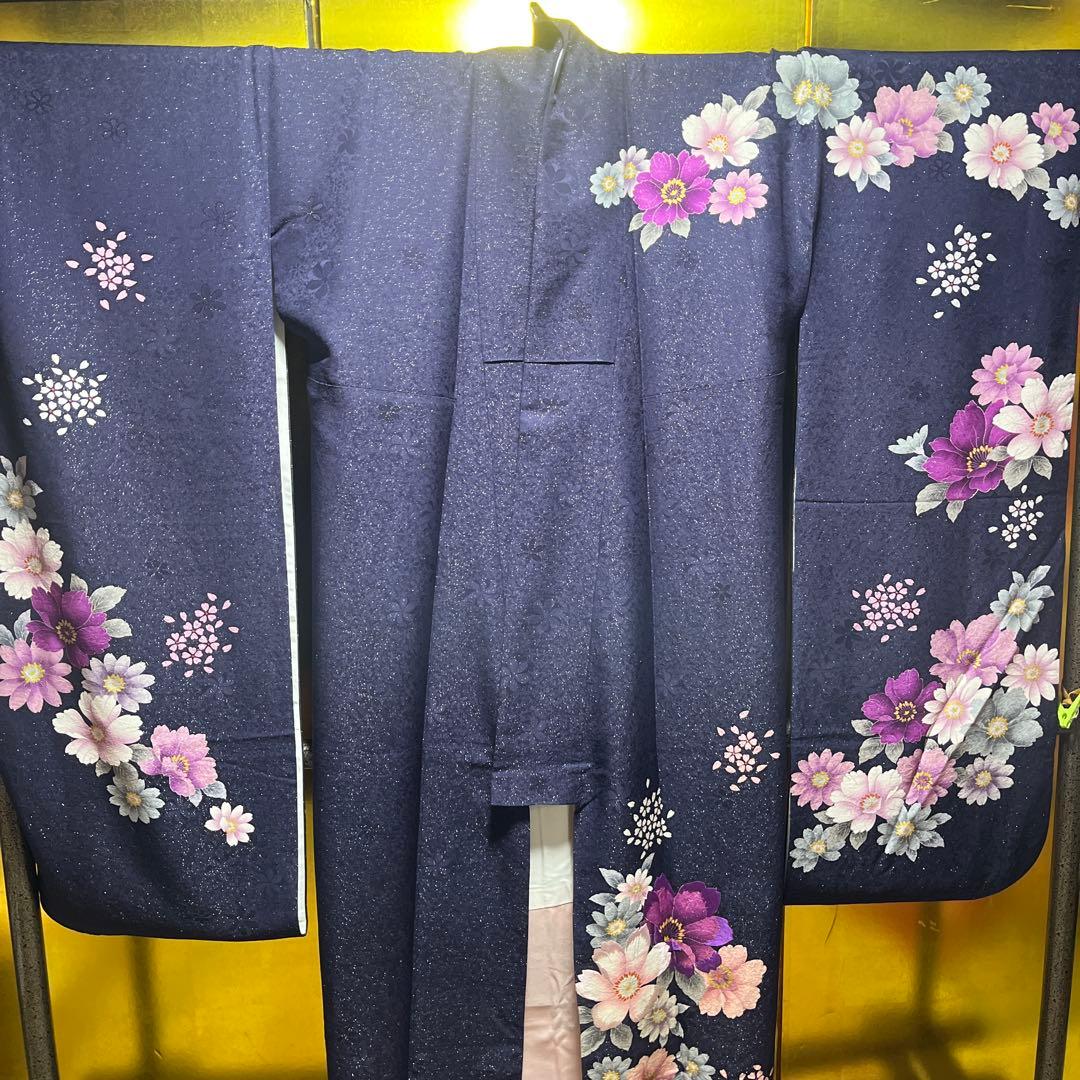 振袖　正絹　成人式　銀通し　紺