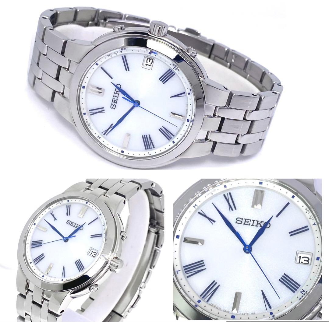 SEIKO☆セイコー☆電波ソーラー☆腕時計☆ホワイト文字盤×ブルー針☆日本製