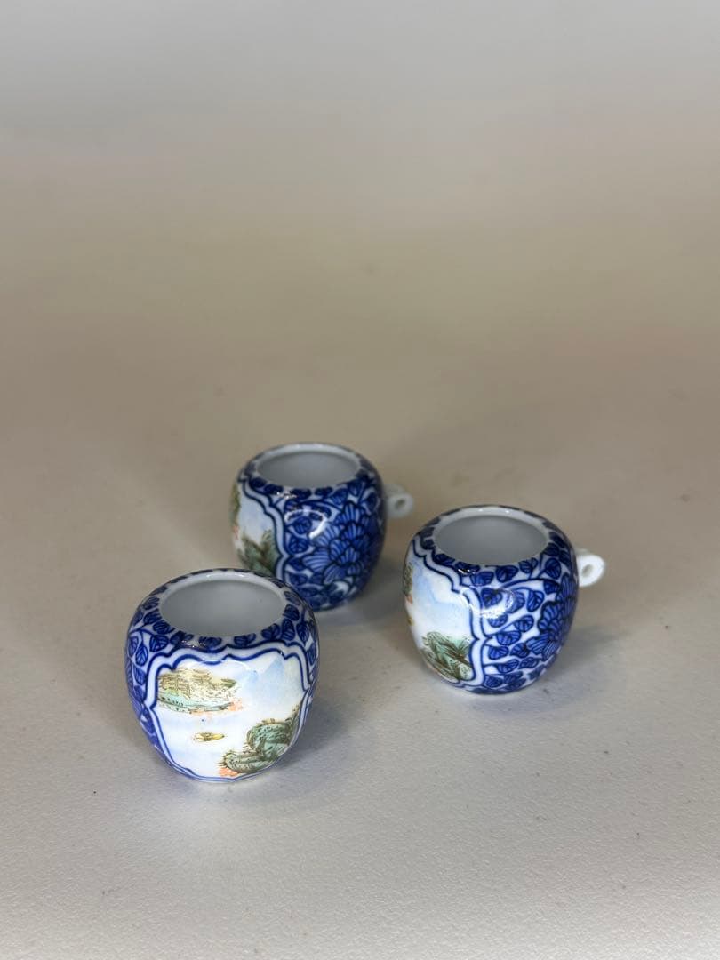 染付 色絵 鳥用 食器 小杯 三点 鳥餌入れ 古美術