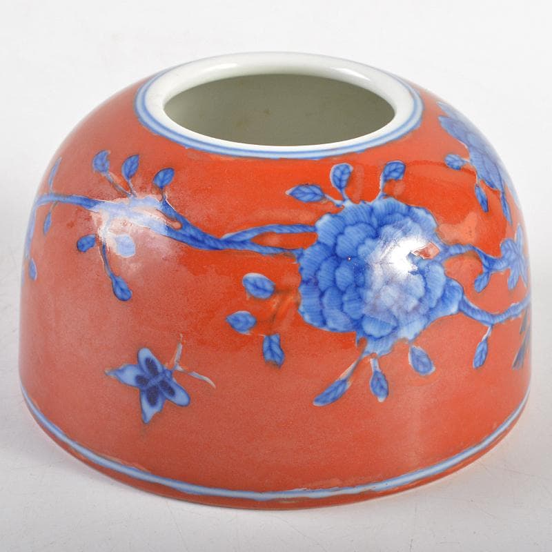 中国　大清雍正年製　紅地青花花文　水孟　筆洗　V　R6233E