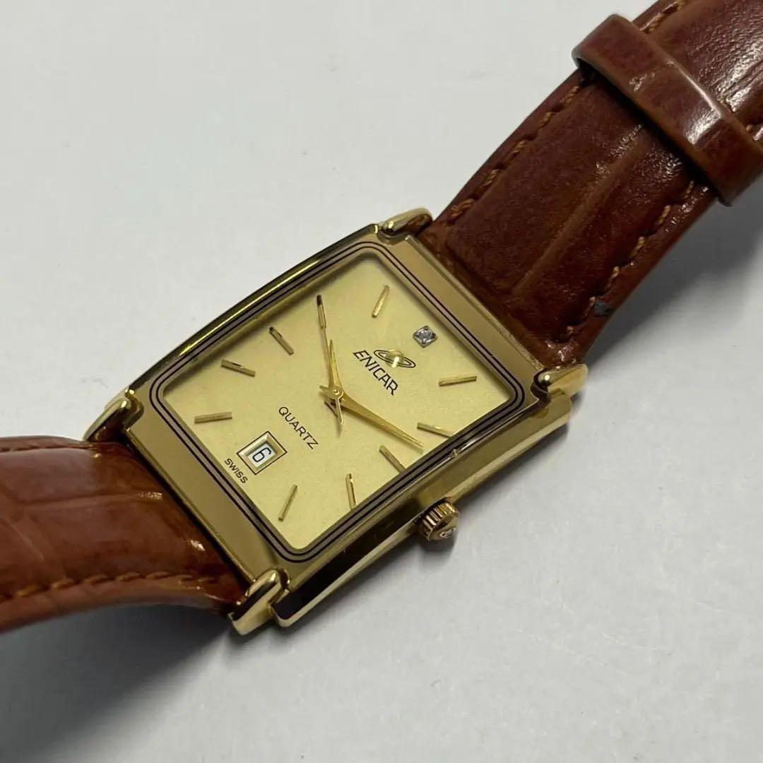 【美品・新品電池】石付き ENICAR エニカ 腕時計 スクエア 90年代モデル