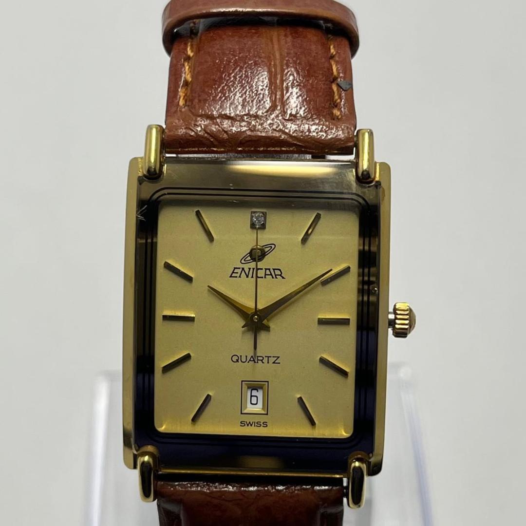 【美品・新品電池】石付き ENICAR エニカ 腕時計 スクエア 90年代モデル