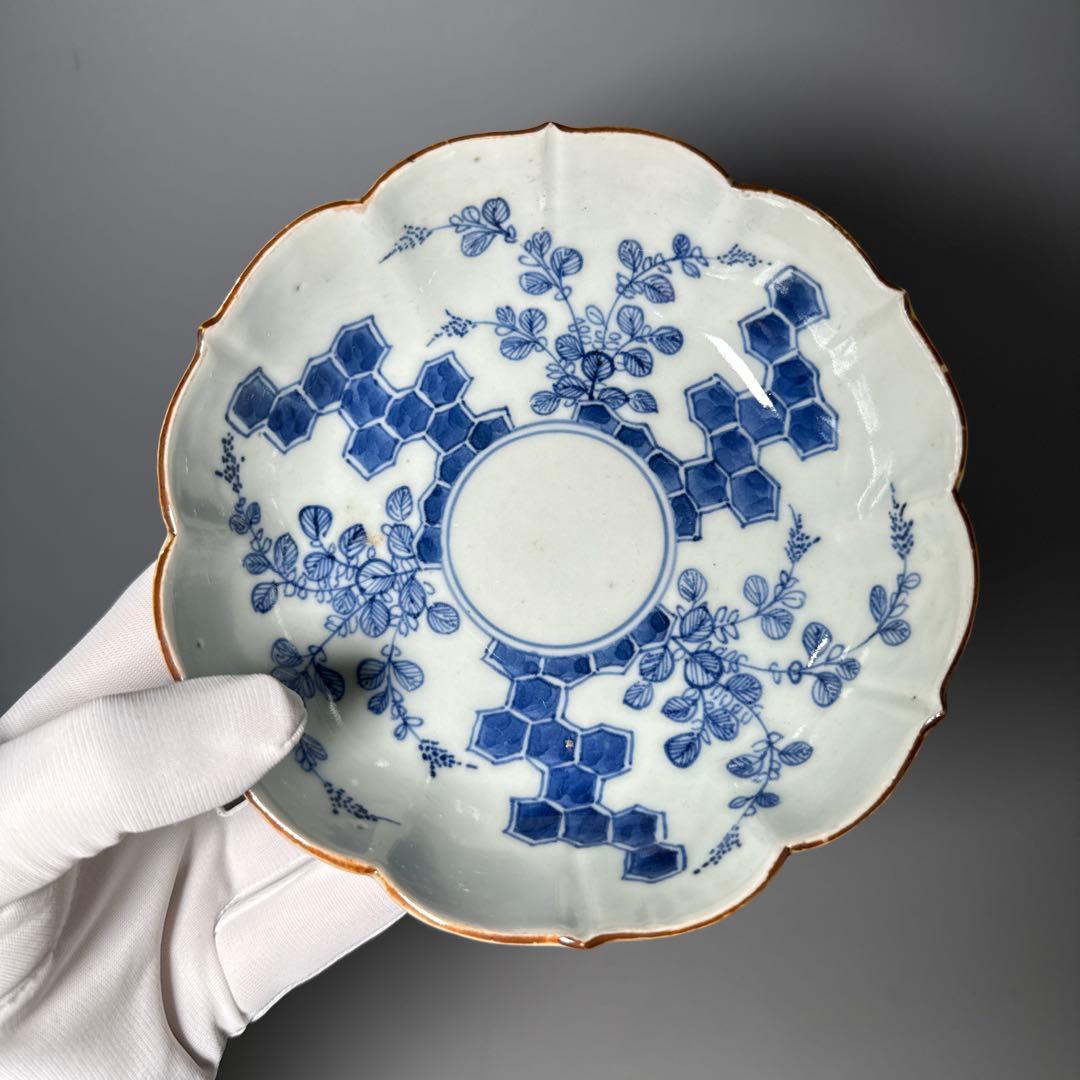 古伊万里　染付　輪花形膾皿　五点　亀甲文　植物文　古器を楽しむ　江戸期　大きめ