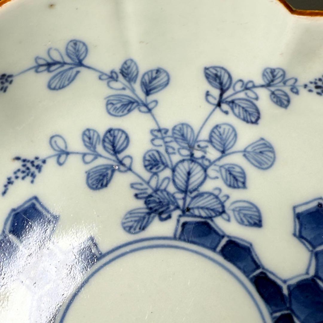 古伊万里　染付　輪花形膾皿　五点　亀甲文　植物文　古器を楽しむ　江戸期　大きめ