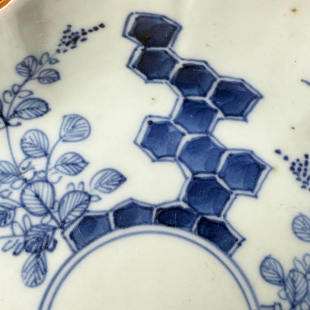 古伊万里　染付　輪花形膾皿　五点　亀甲文　植物文　古器を楽しむ　江戸期　大きめ