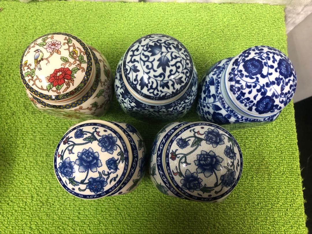 青と白の花柄 陶器容器セット お茶入れ