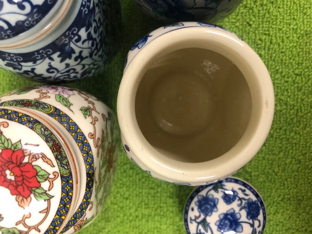 青と白の花柄 陶器容器セット お茶入れ