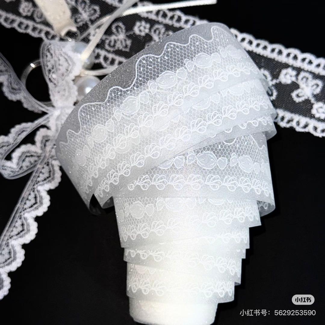 【9355】海外5m巻ラメ加工カッティングマスキングテープ　クリームレース装飾系