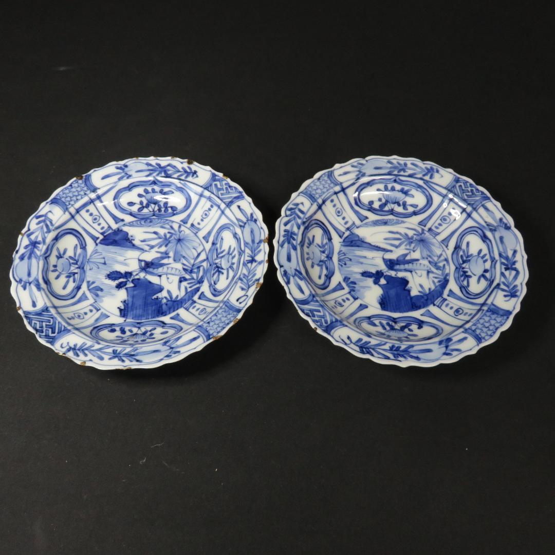 染付 小皿 皿 古伊万里 飛蝗文様 江戸 歪み 欠け 芙蓉手 A傷少な目