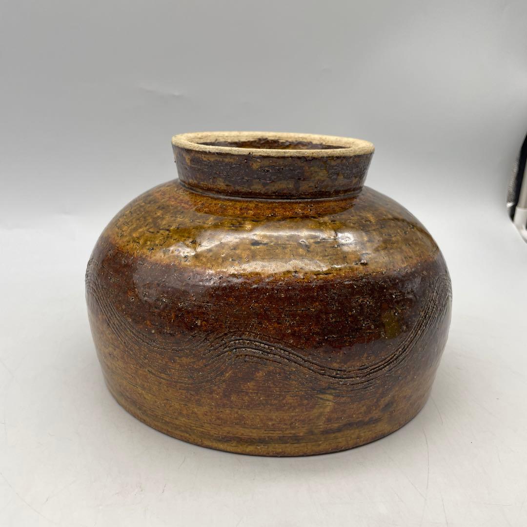 鳥取民藝　中井窯　牛ノ戸焼　波状模様の茶色陶器ボウル　足つき深鉢