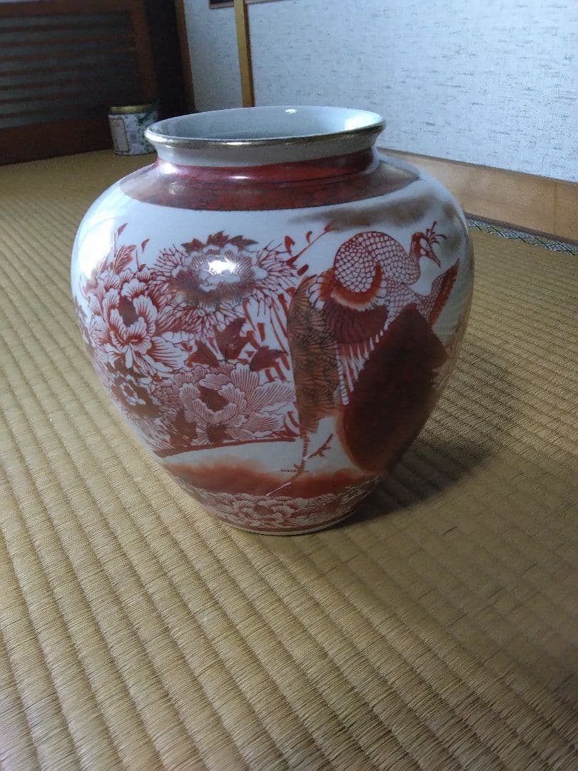 赤絵の花と鳥の水指