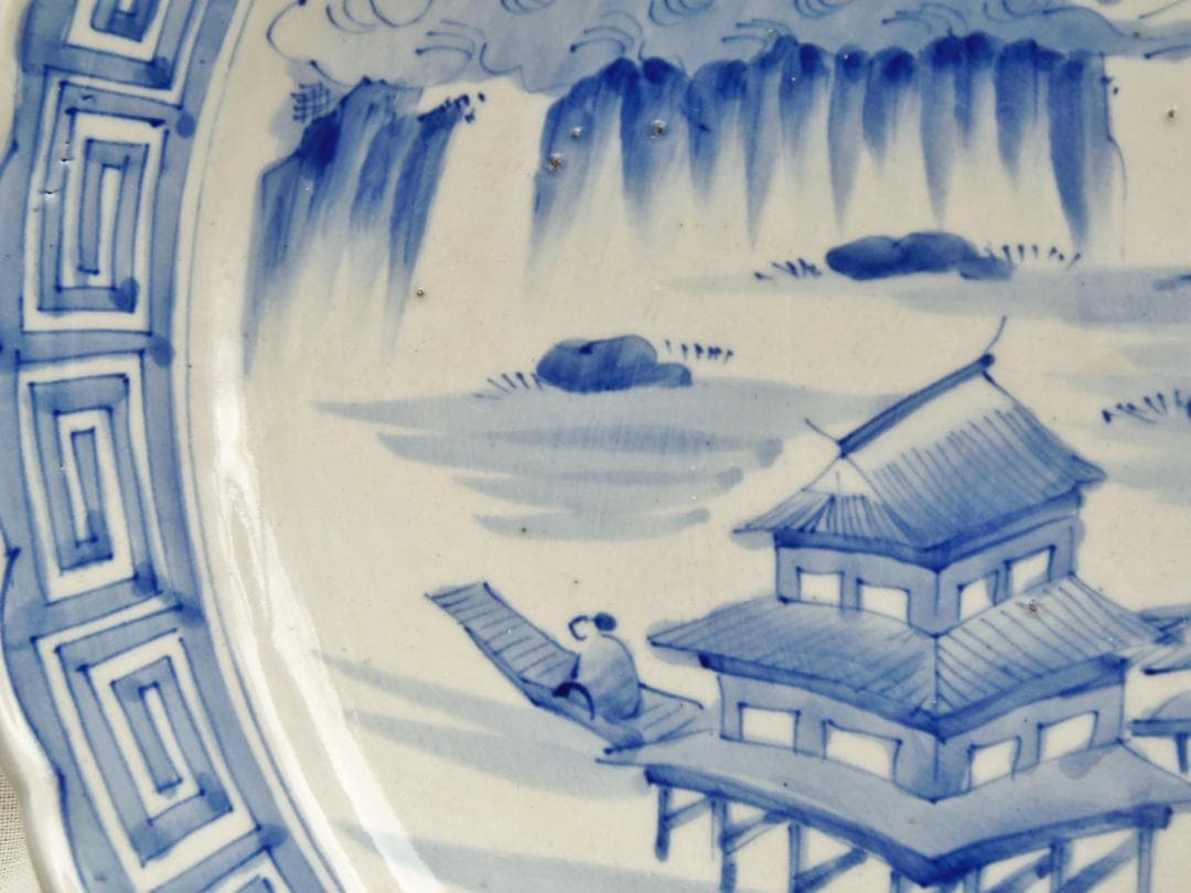 474mm 古伊万里 骨董品 風景画 陶器の皿 飾り皿 装飾皿 床飾り 伊万里焼