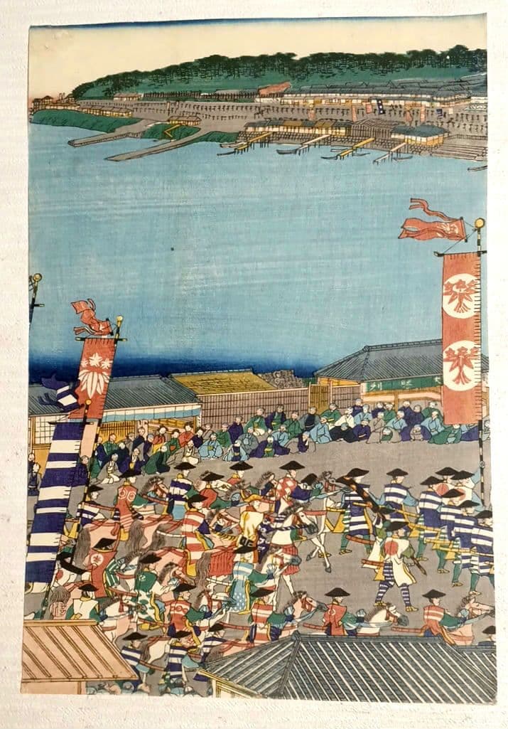 浮世絵版画、頼朝公行列圖三枚綴り、歌川貞秀画、慶応元年5月出版