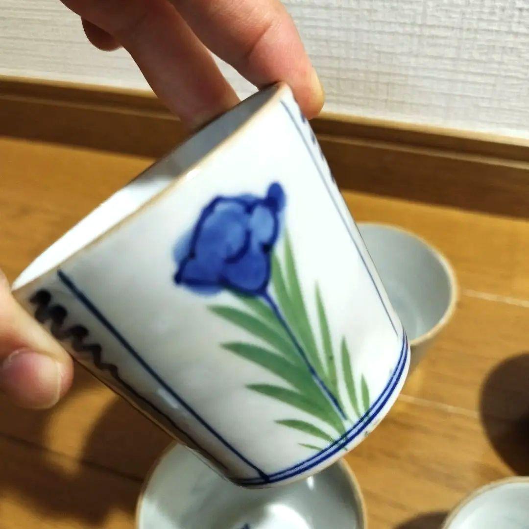 明治ごろ　草花文の蕎麦猪口　5客セット！　手書き絵付け