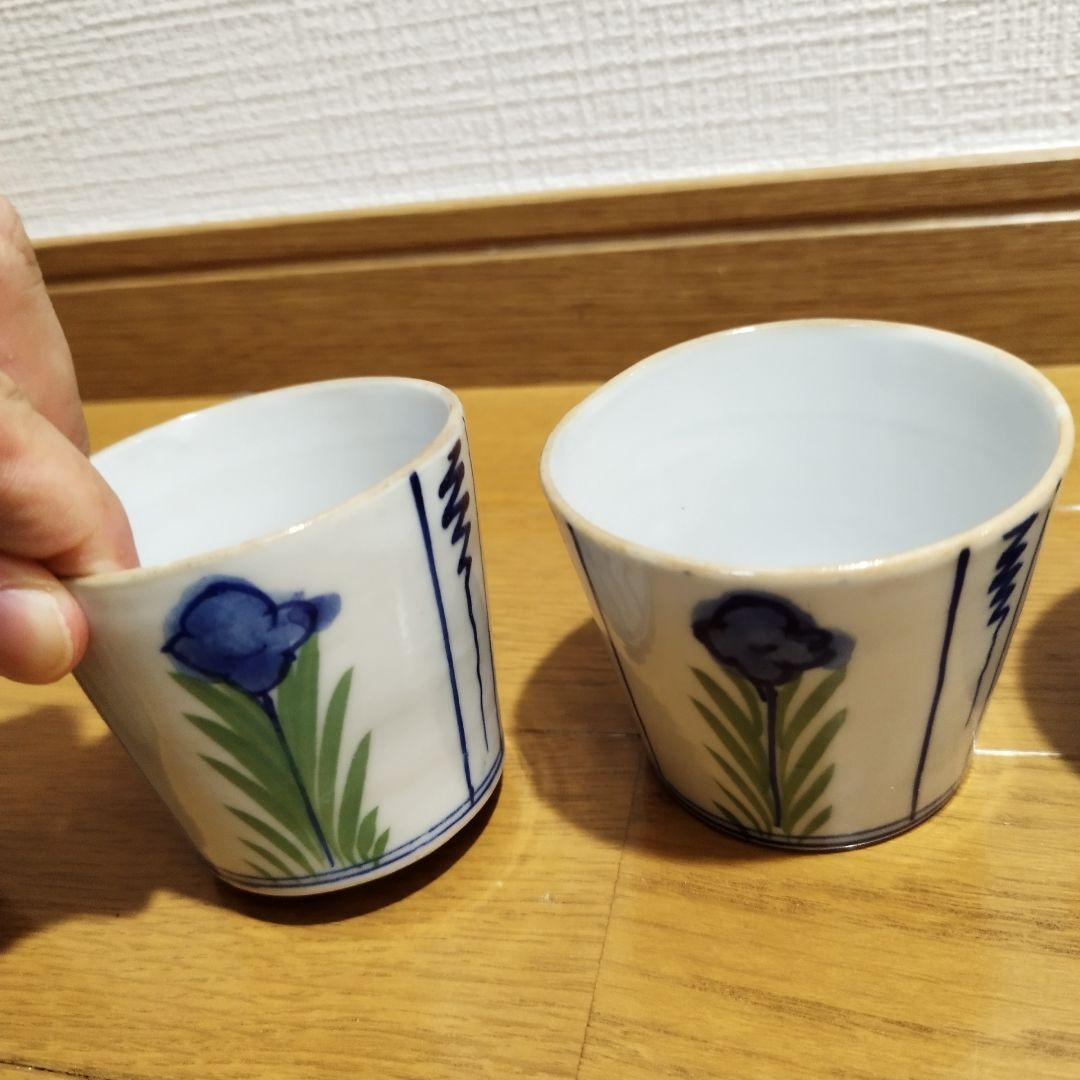 明治ごろ　草花文の蕎麦猪口　5客セット！　手書き絵付け