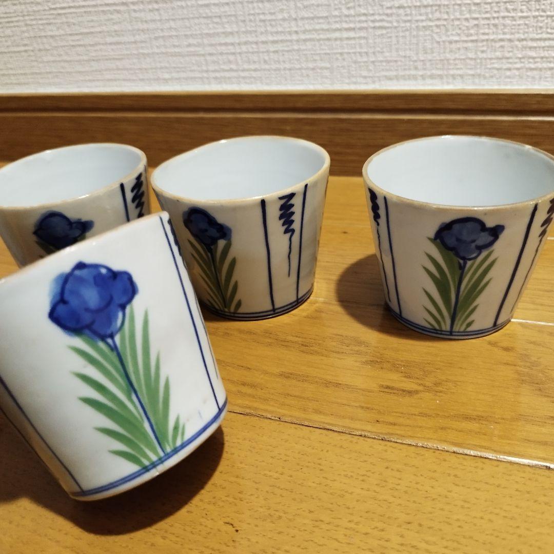 明治ごろ　草花文の蕎麦猪口　5客セット！　手書き絵付け