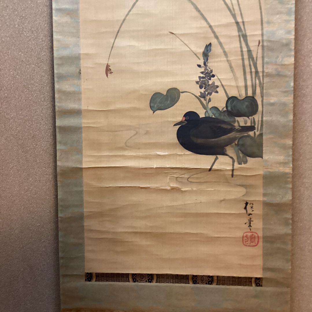 酒井抱一筆　絹本彩色画　花鳥画【水鳥之図】肉筆落款【必携落款字典】模写　NO57