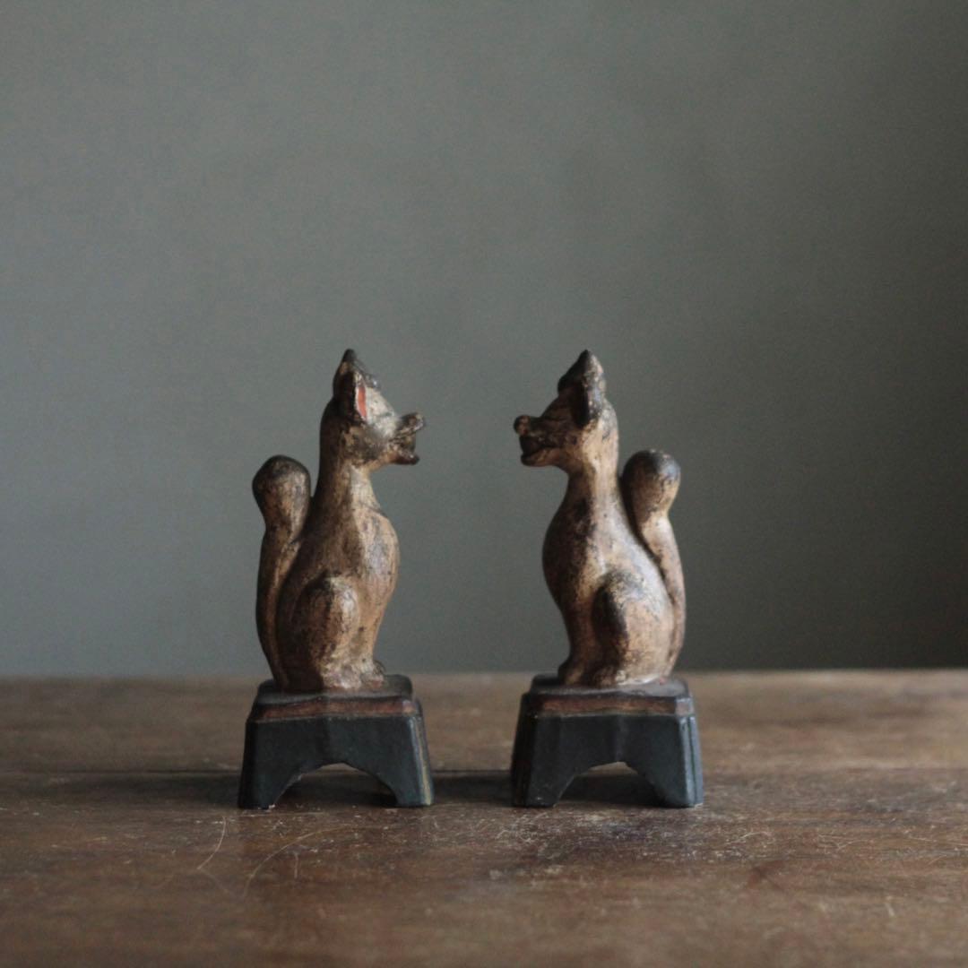 古い 土人形 お稲荷さん 一対 民芸 古道具 アンティーク オブジェ 御狐様