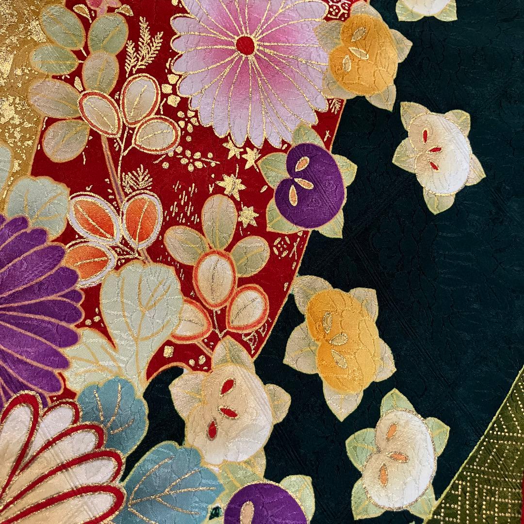 極美品　正絹振袖　袋帯付　抹茶　モスグリーン紫色花柄　金糸刺繍　写真撮影のみ