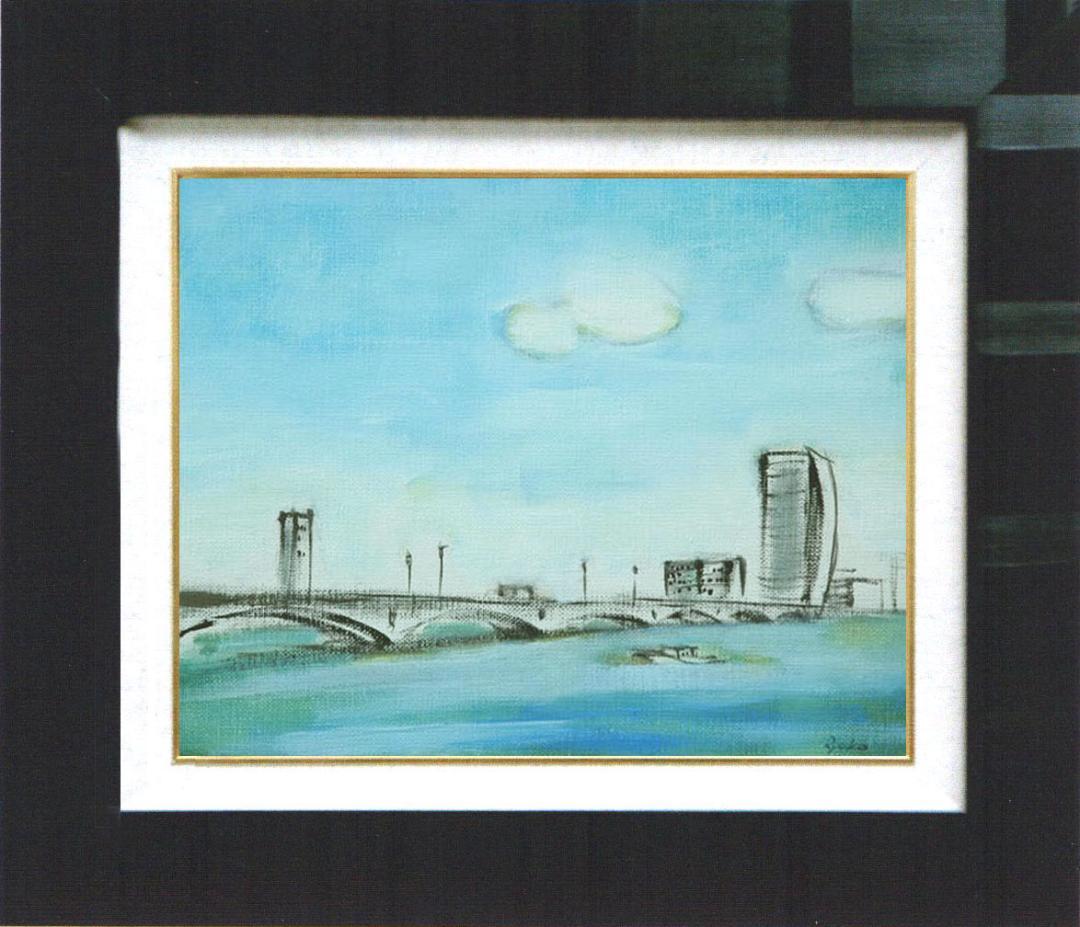 油絵 菅家令子 絵 絵画インテリア額付(銀) F4-090114 風景万代橋新潟