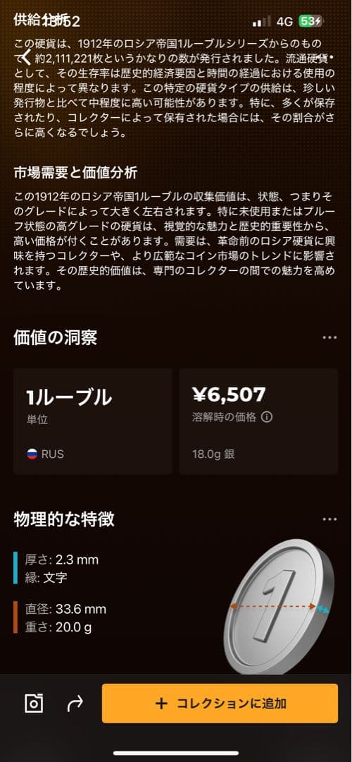 外国銀貨　ロシア1R銀貨　1912年