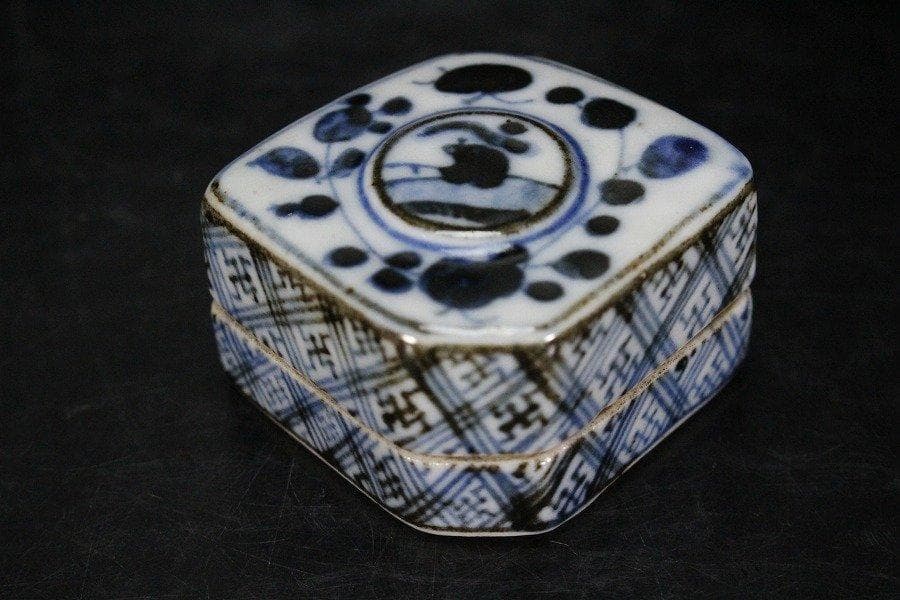 中国美術 青花 橋上人物紋 香合 蓋物 茶道具伝来