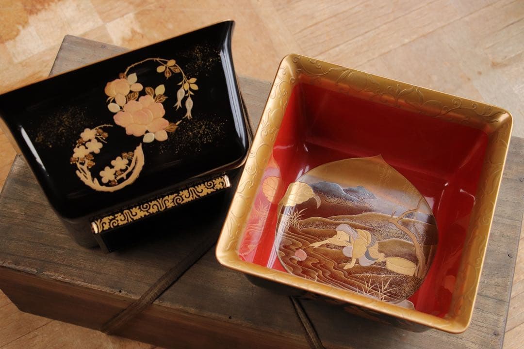 珍品　桃太郎蒔絵　盃洗　杯洗　一対　木箱　金蒔絵　木製漆器　時代物