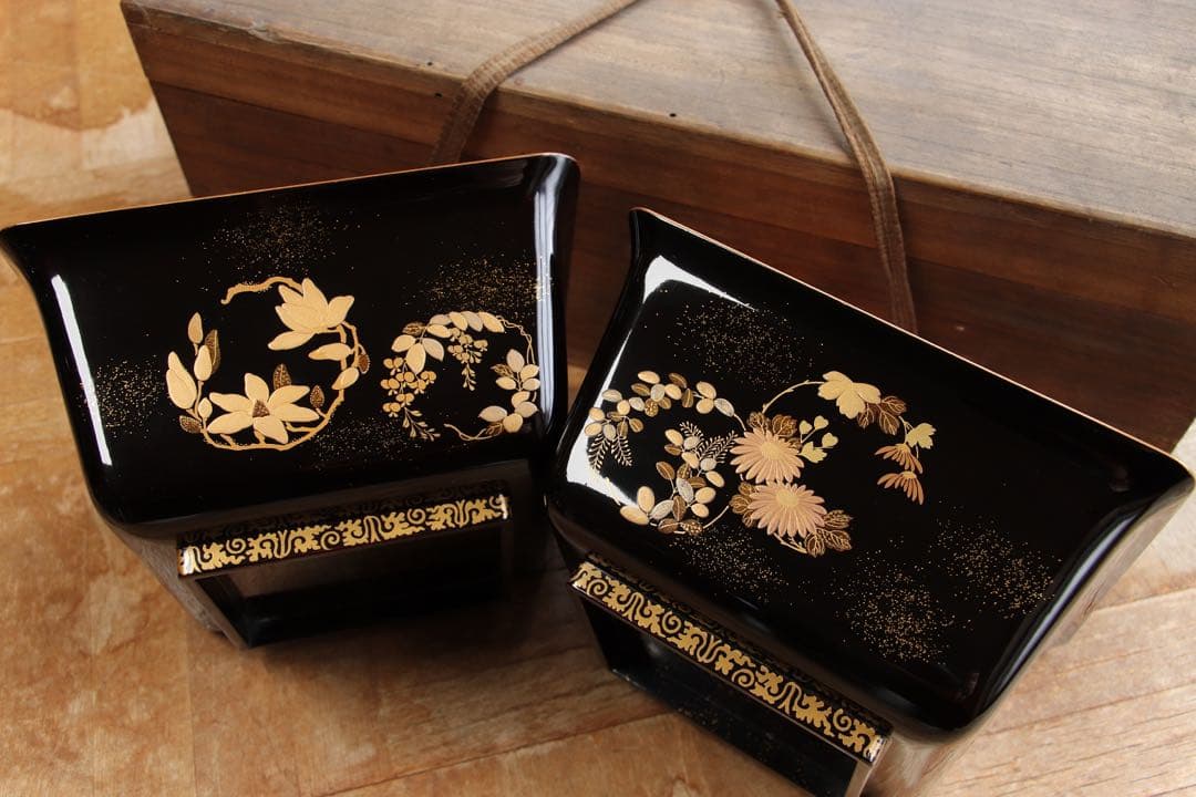 珍品　桃太郎蒔絵　盃洗　杯洗　一対　木箱　金蒔絵　木製漆器　時代物