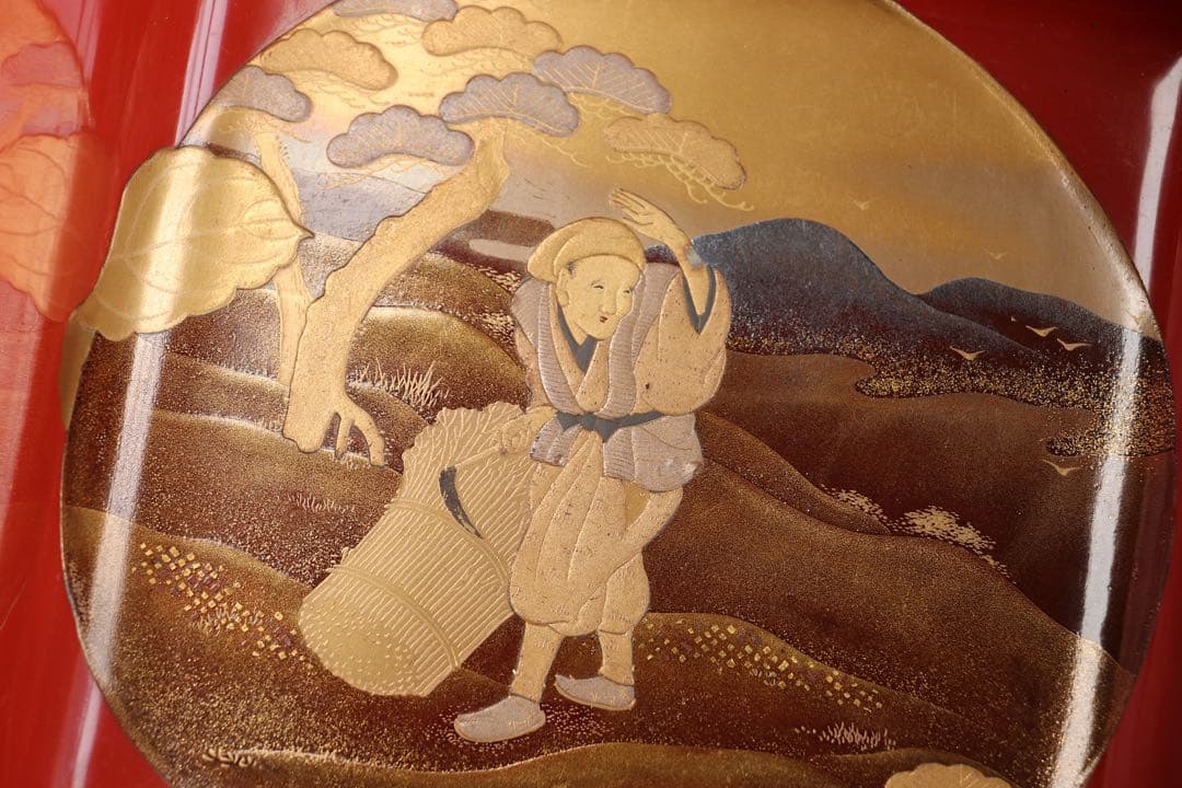 珍品　桃太郎蒔絵　盃洗　杯洗　一対　木箱　金蒔絵　木製漆器　時代物