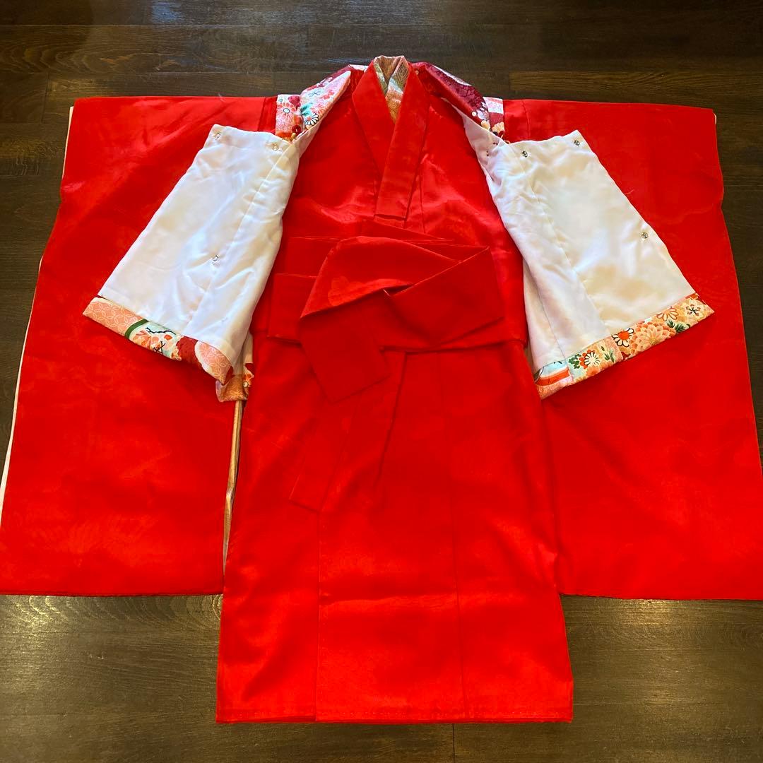 アンティーク 七五三 三歳 着物 被布 小物一式 フルセット 赤 鶴 正絹