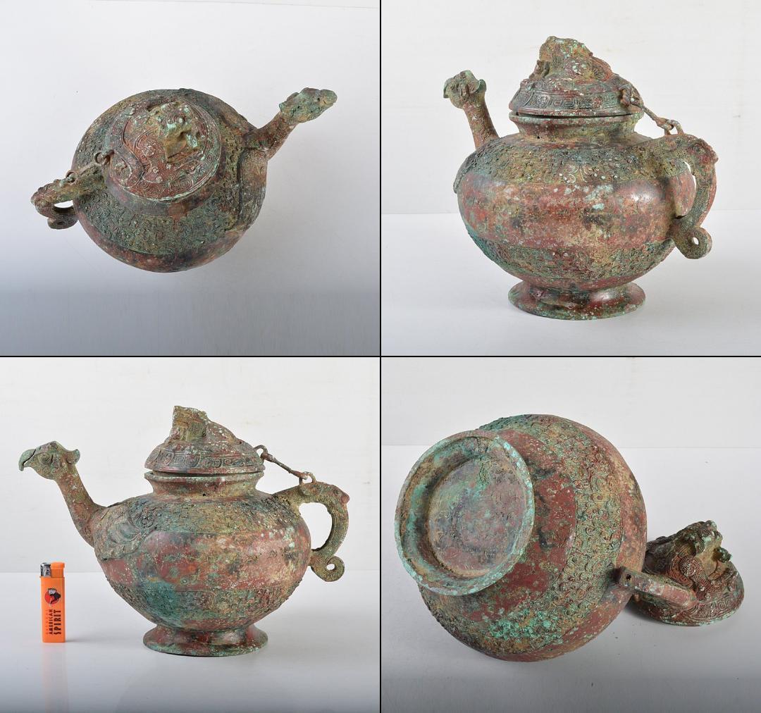 中国　古銅青銅　饕餮文神獣形　持ち手付尊　M R4502