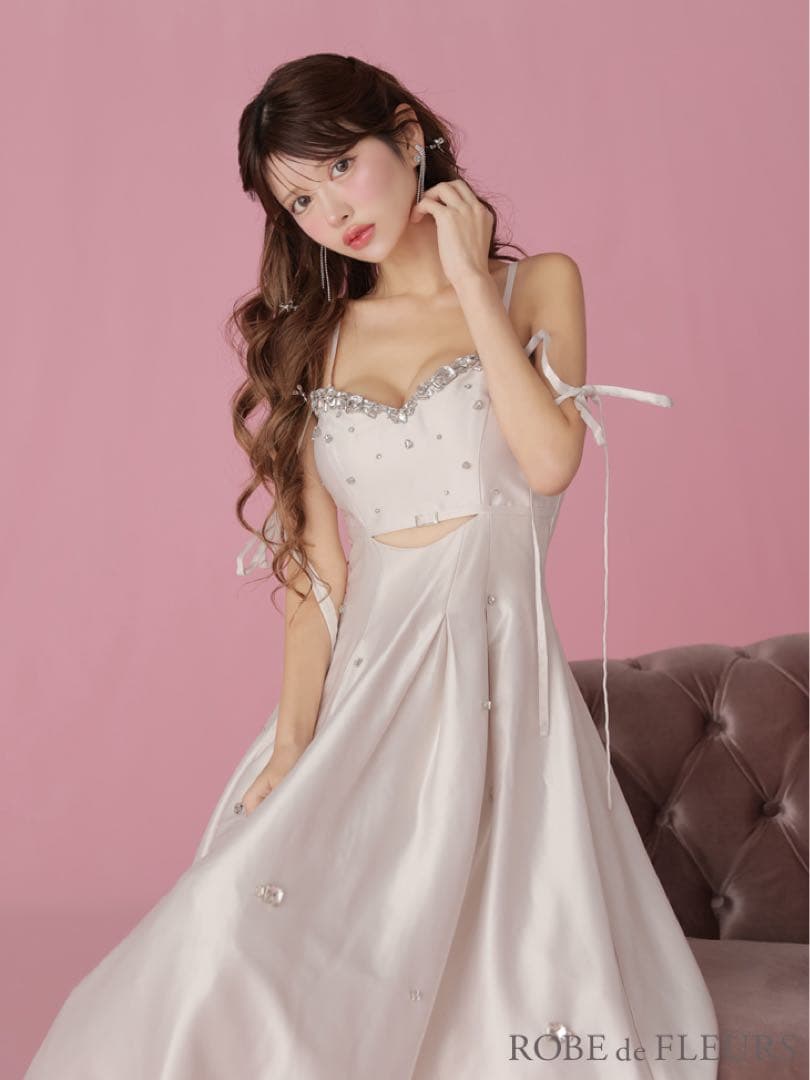 極美品 ローブドフルール ドレス キャバ ロング ホワイト サテン ビジュー