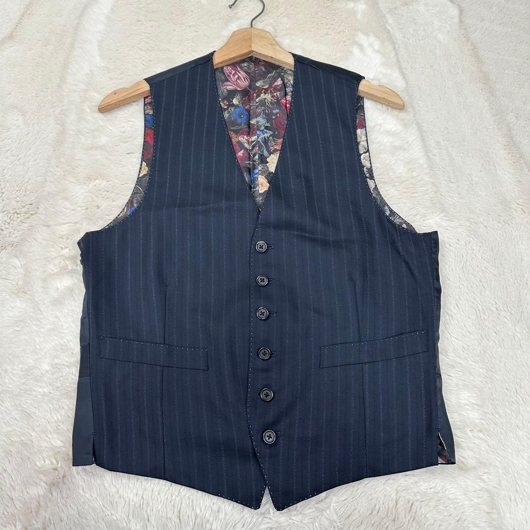 美品✨ポールスミスロンドン 花柄 裏地 シルク混 ストライプベスト ジレ 紺 M