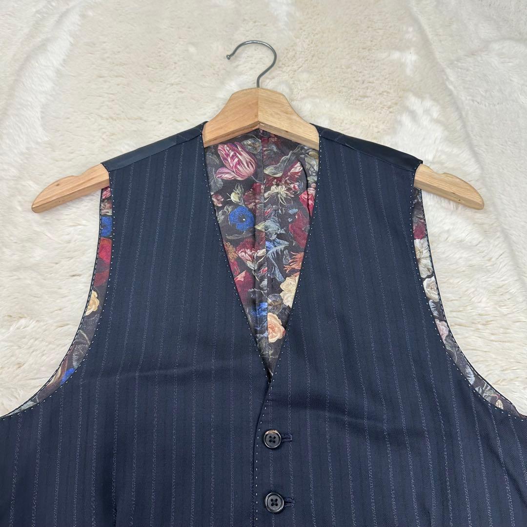 美品✨ポールスミスロンドン 花柄 裏地 シルク混 ストライプベスト ジレ 紺 M