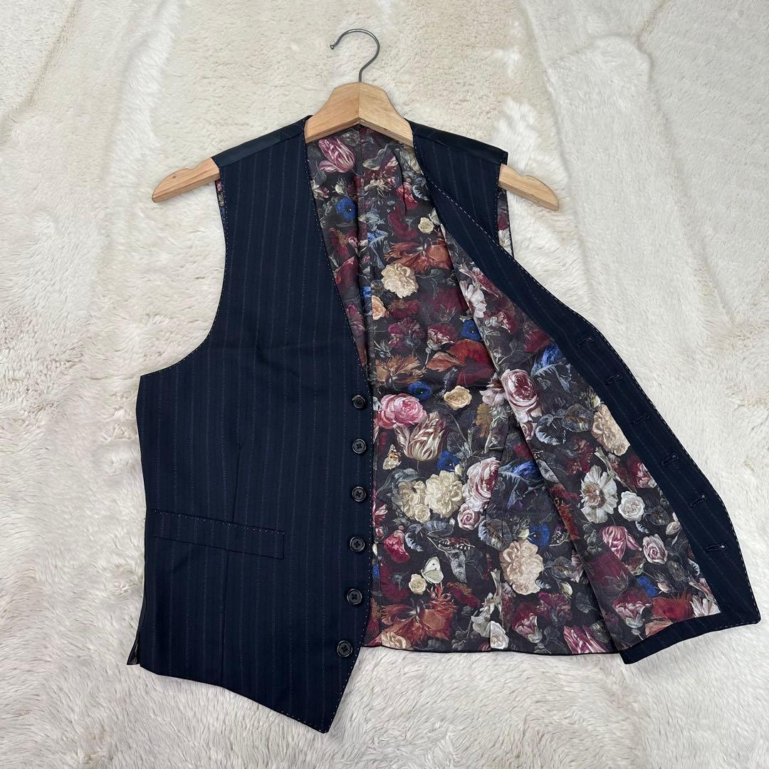 美品✨ポールスミスロンドン 花柄 裏地 シルク混 ストライプベスト ジレ 紺 M